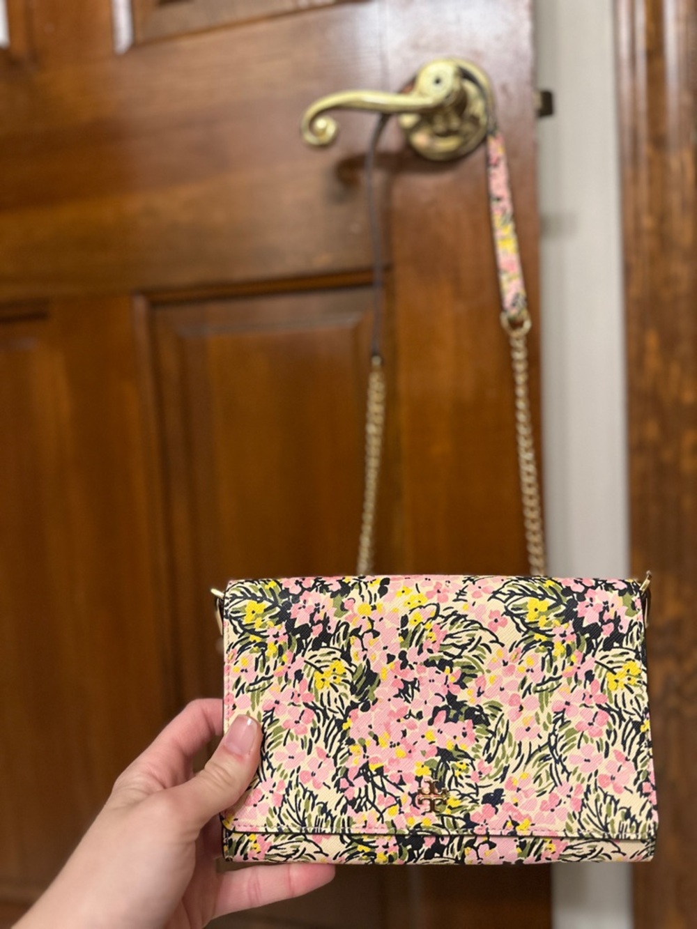 Tory Burch Pink Floral Crossbody with Gold Chain